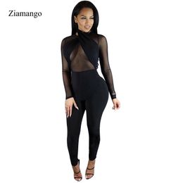 Skinny Sexy Women Jumpsuit Black Fashion Mesh Patchwork Halter Long Sleeve Tight Bodycon Jumpsuit Romper Overalls For Women 2640 T200509