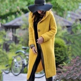 Women's Sweaters Winter Fashion Loose Knitted Sweater Female Autumn Long Cardigans Single Breasted Hooded Coat Plus Size 201128