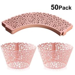 50pcs Laser Cut Cupcake Wrappers Decor Wedding Birthday Party Decoration Baby Shower Wrap (Pink) Y200618