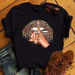 Maycaur Fashion Leopard Lips Printed T Shirt Women Summer Short Sleeve T-shirt White Tees Harajuku Korean Street Tops