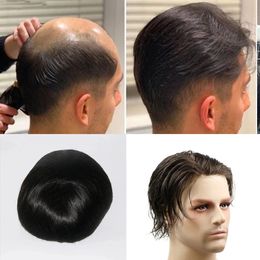 Black #1B Colour 8x10 Natrual Hair Silky Straight 100% Human Hairs Toupee Thin Skin Toupee Full Pu Men Toupees Replacement System
