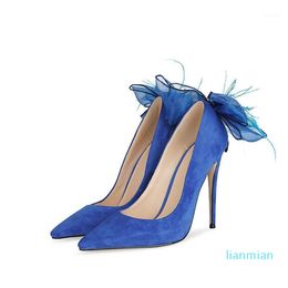 Dress Shoes Leather Flock Royal Blue Women Sweet Floral Purple Wedding Back Heel With Cute Bow Pumps Good Quality Shoe