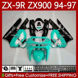 OEM Body Kit For KAWASAKI NINJA ZX-9R ZX900 Cyan Black ZX 9R 9 R 900 CC 1994 1995 1996 1997 Bodywork 100No.107 ZX9 R ZX900C 900CC ZX-900 94-97 ZX9R 94 95 96 97 MOTO Fairing