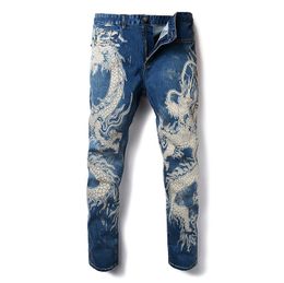 Young Mens Fashion Chinese Style Dragon Pattern Skinny Jeans Uomo Hip Hop Roupas Streetwear Pantaloni in denim blu nero