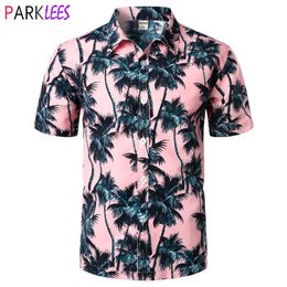 Pink Hawaiian Beach Short Sleeve Shirt Men Summer Fashion Palm Tree Print Tropical Aloha Shirts Mens Party Holiday Chemise LJ200925