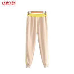 Tangada fashion women pink cropped trousers elastic waist pockets pants Cosy female casual pants pantalones LJ201030