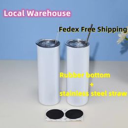 US Warehouse 20oz Straight Sublimation Tumblers Clear Straws Rubber Bottoms Stainless Steel Glossy blank white Double wall Vacuum Insulated Travel cup B1