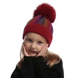 Baby Girl boy Winter Fox Fur Pompom Hat For Kids Cashmere Wool Knitted Beanie Colors Print Skullies Cap Y201024