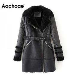 Aachoae Women Thick Warm Black Coat Winter Autumn Long Sleeve Chic Faux Leather Jacket Lady Zipper Sashes Stylish Midi Long Coat 201030
