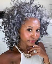 Curly gray natural curls human hair ponytails with clips drawstring 14inch 1pcs grey silver salt &pepper highlights african american real hair extension 120g 140g