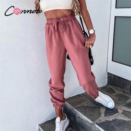 Conmoto Solid color lace up women's Harlem pants Casual sports loose home pants Street pink polyester pants new summer 2020 LJ201029