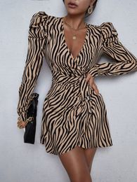 Zebra Striped Gigot Sleeve Ruffle Trim Wrap Dress 44rb#