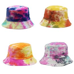 Women Men Summer Tie-Dye Cotton Bucket Cap Gradient Colored Reversible Hip Hop Wide Brim Sun Protection Harajuku Fisherman Hat Y200730