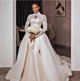 2022 High Neck Mermaid Wedding Dresses With Detachable Train Lace Appliques Long Sleeves Chapel Bridal Gowns African Plus Size Bride Dress Back Illusion Buttons