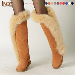 Moda Big Fox Fur Mulheres sobre o joelho coxa inverno botas de neve de pele de carneiro de couro longo botas de motocicleta longa de alta qualidade201103