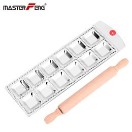 12 Square Ravioli Press Maker Dumpling Making Cutter Aluminium Ravioli Mould Tray Pasta Tool Plate with a Rolling Pin MF-12SQ 201023