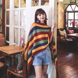 Scarves Stripe Pullover Cloak Poncho Women 2021 Autumn Winter Outwear Casual Tassel Warm Jumper Knitting Vintage Capes Sweater Scarf