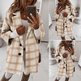 Fashion New Womens Coats Wear Grid Button Lapel Pocket Outerwear Outdoor Trench Winter Snow Coats Size M-2XL