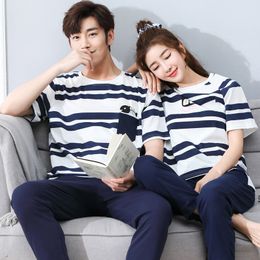 Men's Sleepwear Summer Men Pyjamas Set Cotton Striped Short Sleeve Round Neck Couple Big Yards M 3XL Leisure Loose Lovers Pyjamas 220830