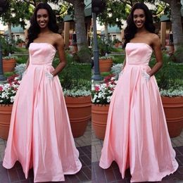 Pink Color Sleeveless Floor Length Evening Dress With Pockets Strapless Party Gown Custom Made Vestidos De Fiesta