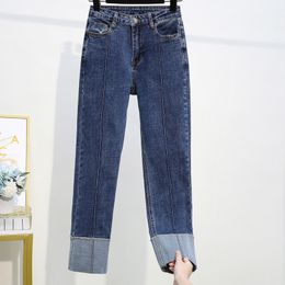 Jeans Woman Spring High Waist Plus Size Jeans Softener Zipper Fly Mom Elastic Fashion Ankle-length Straight Denim blue Pants 201029