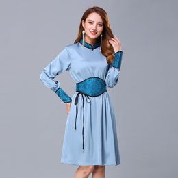 Wome Ethnic clothing Spring Autumn Silk blend Top elegant Long Sleeve Asia Dress oriental cheongsam folk dance mongolian style Stage wear
