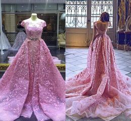 Pink Prom 2021 Dresses Short Sleeves Embroidery Crystals Beaded Overskirt Custom Made Modest Evening Party Gowns Plus Size Vestidos