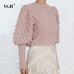 VGH Vintage Short Women Sweater Lantern Sleeve O Neck Dot Pullover Knitting Sweaters Fashion Korean New Tide 201030
