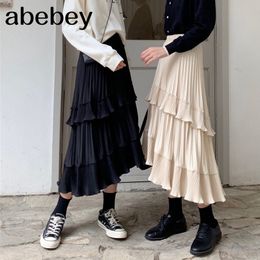 Black Beige Fashion Korean Ruffle Midi Long A-line Skirt Women Casual Spring Summer High Waist Irregular All-match Skirts Female 201109