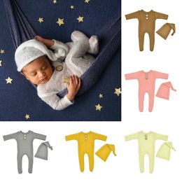 Newborn Romper Set Footed Newborn Knitted Mohair Romper + Sleepy Hat 2Pcs/Set Cute Baby Photography Prop jumpsuits M3202