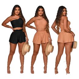2022 Lycra Tracksuits Women Desginer Two Piece Shorts Set Outfits 2 Pc Sports Wears Sexy One Shoulder Crop Tank Top Elastic Shorts Suits
