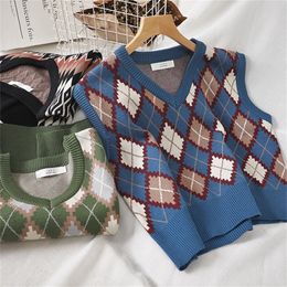 Preppy Style Knit Vest Women Knitted Argyle Sweater Vest Sleeveless Plaid Waistcoat Autumn Short Outwear Chalecos Para Mujer 201124