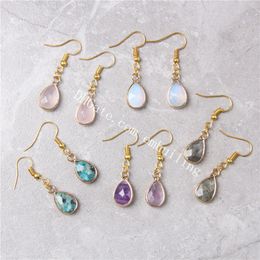 30Pairs Gold Plated Bezel Genuine Amethyst Labradorite Rose Quartz Crystal Synthetic Opal Gemstone Teardrop Dangle Hook Earrings for Women
