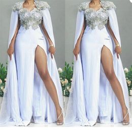 Real Image Mermaid Evening Dresses With Wrap 3D Floral Appliqued Lace Prom Dresses Custom Made Side Split Robes De Mariée