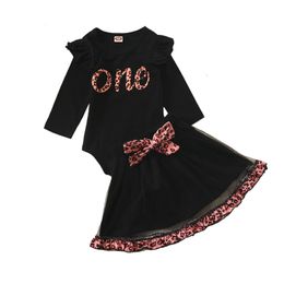 Spring Autumn Baby Clothing Sets Kids Long Sleeve Leopard Letter Print Romper + Bow Skirts 2Pcs/Set Boutique Girls Outfits M2873