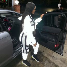 38# Women Sexy Reflective Tracksuit Night Version Buttons Turn Down Collar Long Sleeve Crop Top + Casual Pants Two Piece Set T200702