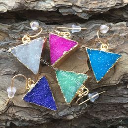 30Pairs Geometric Druzy Dangle Earrings for Women Girls Dyed Triangle Natural Drusy Quartz Geode Crystal Cluster Drop Earrings Gold Plated