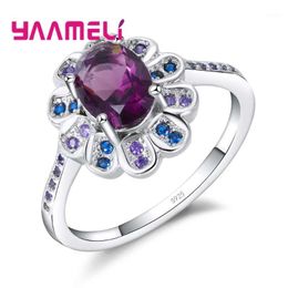 Cluster Rings High Quality Wholesale Elegant Purple Flower Crystal Stone Ring 925 Sterling Silver Party Wedding Jewellery For Women1