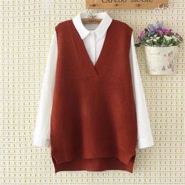 Autumn Preppy Style Knitted Vest Sweaters Women Elegant V Neck Sleeveless Solid Colour Long Pullovers Female All Match Loose Tops 201221