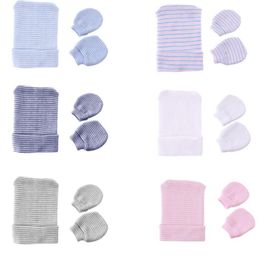 Newborn Hat Gloves Set Kids knitting Cotton Hats and Gloves Prevent Scratching and Keep Warm for Baby Boys Girls Stripe Caps TD482