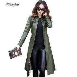 Fitaylor New Women Long Leather Jacket Plus Size 5XL Ladies Elegant Washed PU Leather Coats Trench Female Outerwear With Belted 201030