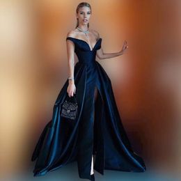 Evening Dresses For 2022 Navy Blue Off Shoulder Party Celebrity Dresses Sexy High Slit Matte Stain Puffy Skirt Red Carpet Prom Formal Dress Robes