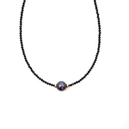 LiiJi Unique Choker Necklace Real Black Spinel Faceted Beads Tahitian Black Shell Pearl 925 Sterling Silver Gold Color Gift Q0531