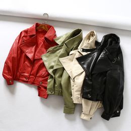 Women Faux Leather Jacket Batwing Sleeve Vintage Biker Coat Short Zipper Motor PU Red Jacket Spring Street Leather Coat LJ201012