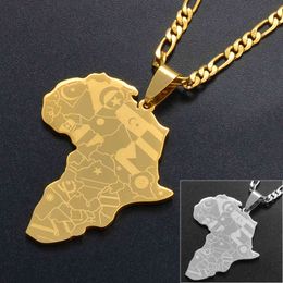 Anniyo gümüş rengi/altın rengi afrika haritası bayraklı kolye zincir kolye afrika haritaları takı kadın erkek #035321p