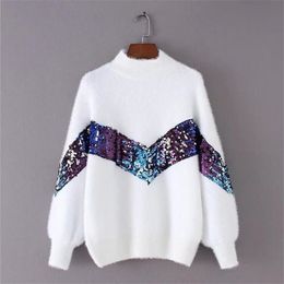 New Women's Sweater Autumn And Winter New Fashion Half-high Collar Mohair Embroidery Sequins Lantern Sleeve Sweater 201023