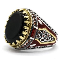 king crown black UK - Turkey Jewelry Men Ring with Black Natural Agate Stone 925 Sterling Silver Vintage King Crown CZ Red Enamel Rings for Male Gift 220113