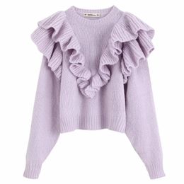 women high street cascading ruffles solid knitting sweater autumn long sleeve casual slim pullovers chic leisure tops S108 201030