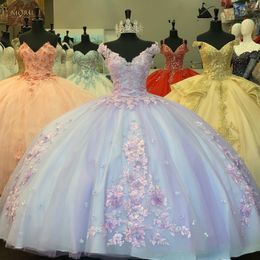 Lilac And Blue Sweet 16 Dresses Prom Ball Gown 2021 Floral Lace Applique 3D Flowers Tulle Sweetheart Vestidos De Quinceanera Evening Dress