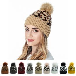 Knit Leopard Beanies Women Pom Pom Pompom Winter Hat with Pompon Bonnet Pom-poms for Hat Faux Fur Casual Warm Knitted Cap Bonnet